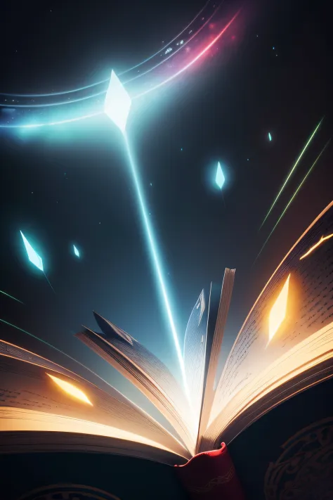livro aberto visto de frente, fundo em neon, Particles of light coming out of the pages of the book