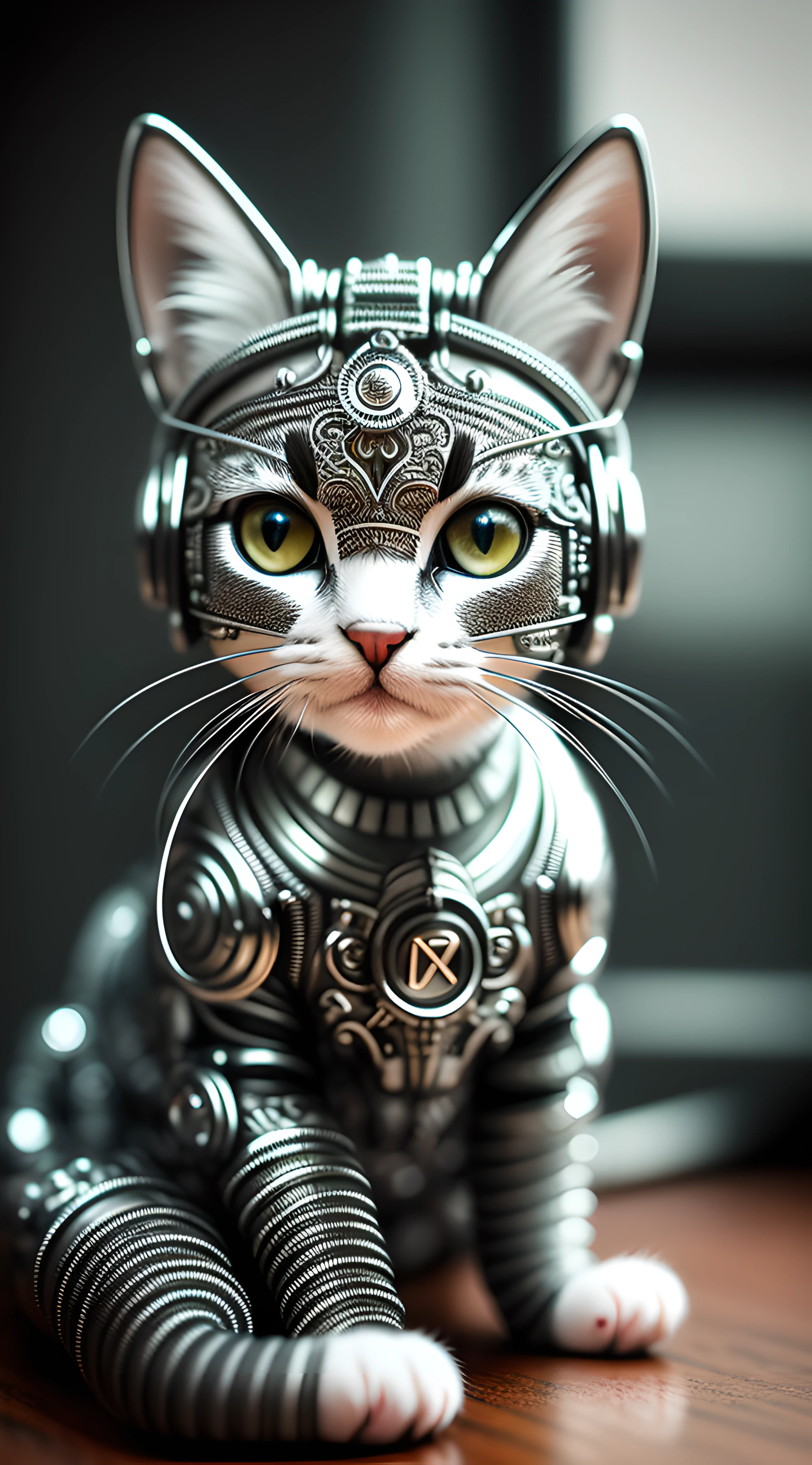 a cute kitten made out of metal, (cyborg:1.1), ([tail | detailed wire]:1.3), (intricate details), hdr, (intricate details, hyperdetailed:1.2), cinematic shot, vignette, centered