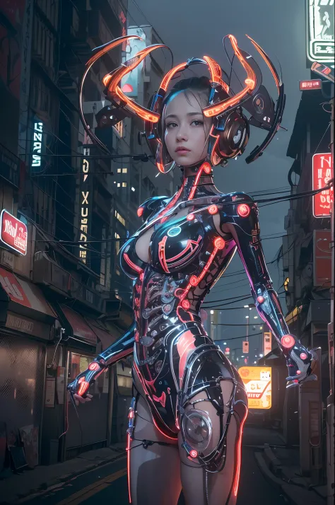 Top Quality, Masterpiece, Ultra High Resolution, ((Photorealistic: 1.4), Raw Photo, 1 voluptuous sex doll, Black Hair, Glossy Skin, 1 Mechanical Girl, (Ultra Realistic Details)), cinematic lighting, deep shadows, Octane Rendering, 8K, Ultra Sharp, Cleavage...