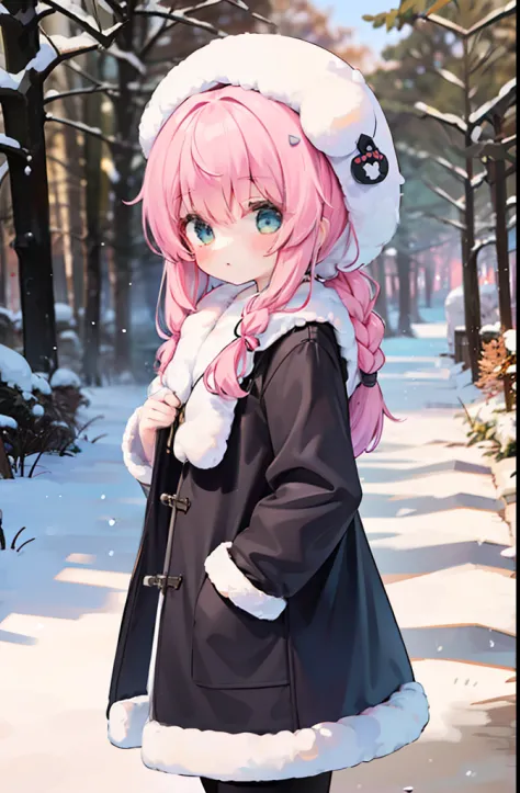 "(a single girl:1.1) wearing pink clothes and a fluffy coat. she has long rosy pigtails with braids. the scene is set in a winte...