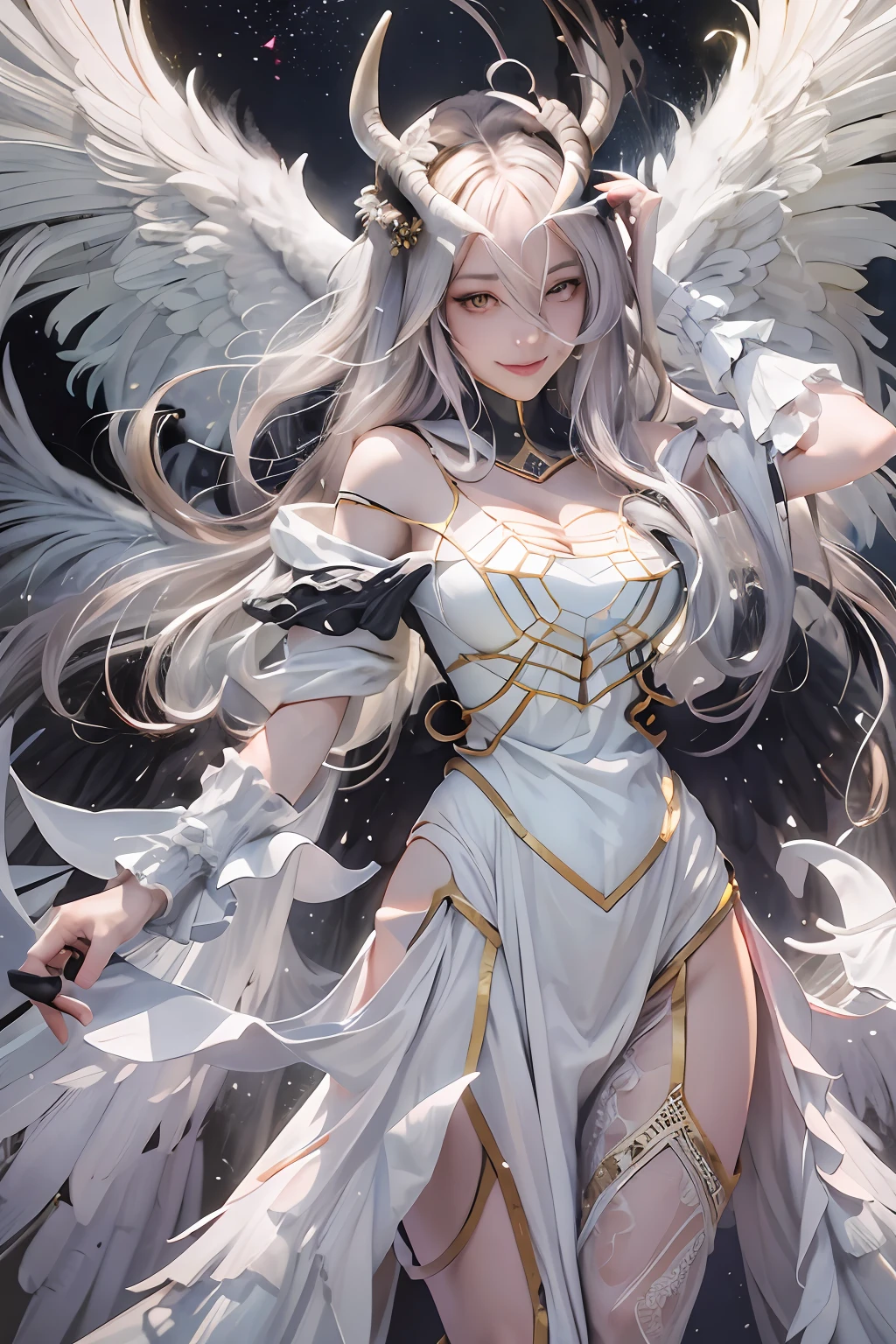 masterpiece, best quality, highres, al1, demon horns, slit pupils, white gloves, white dress, bare shoulders, detached collar, cleavage, black wings, feathered wings, low wings, cowboy shot, standing, smile, dungeon, evil smile,