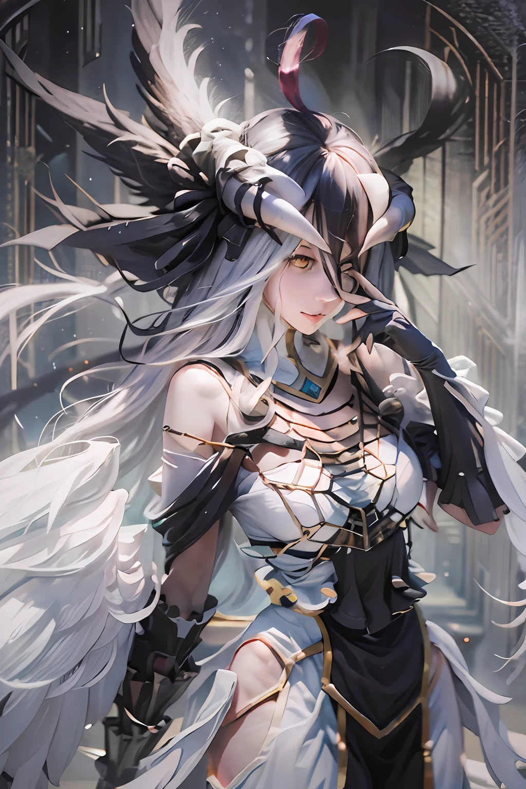 masterpiece, best quality, highres, al1, demon horns, slit pupils, white gloves, white dress, bare shoulders, detached collar, cleavage, black wings, feathered wings, low wings, cowboy shot, standing, smile, dungeon, evil smile,