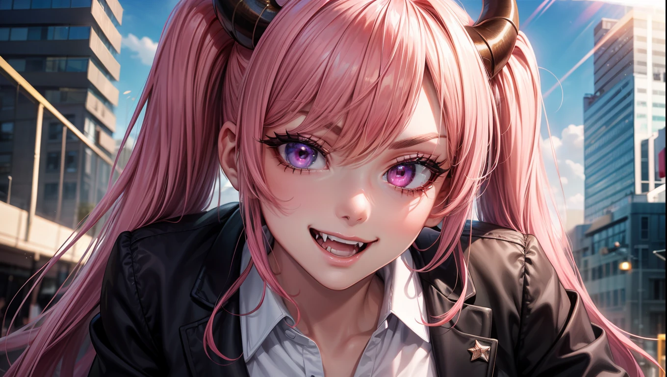 4k, twin tails ,Lens flare, pink hair ,mascara, eyeliner, god rays, 4k, 8k, best quality, masterpiece, hyper detailed, intricate detail, 1girl, solo, detailed, Detailed fuschia hair ++, detailed pink eyes ++,  raytracing, perfect shadow, highres, enhanced eyes,  huge breasts, horns,  succubus, evil grin, narrow eyebrows, seductive, fangs, hyper detailed, interesting background, , detailed face, detailed clothing. volumptuous,  feet, in the city, daytime, school uniform