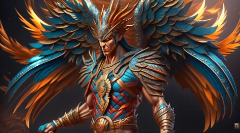 The image shows a realistic 3D sculpture of the Phoenix Warrior, um ser divino com asas. The sculpture is made with vibrant colo...