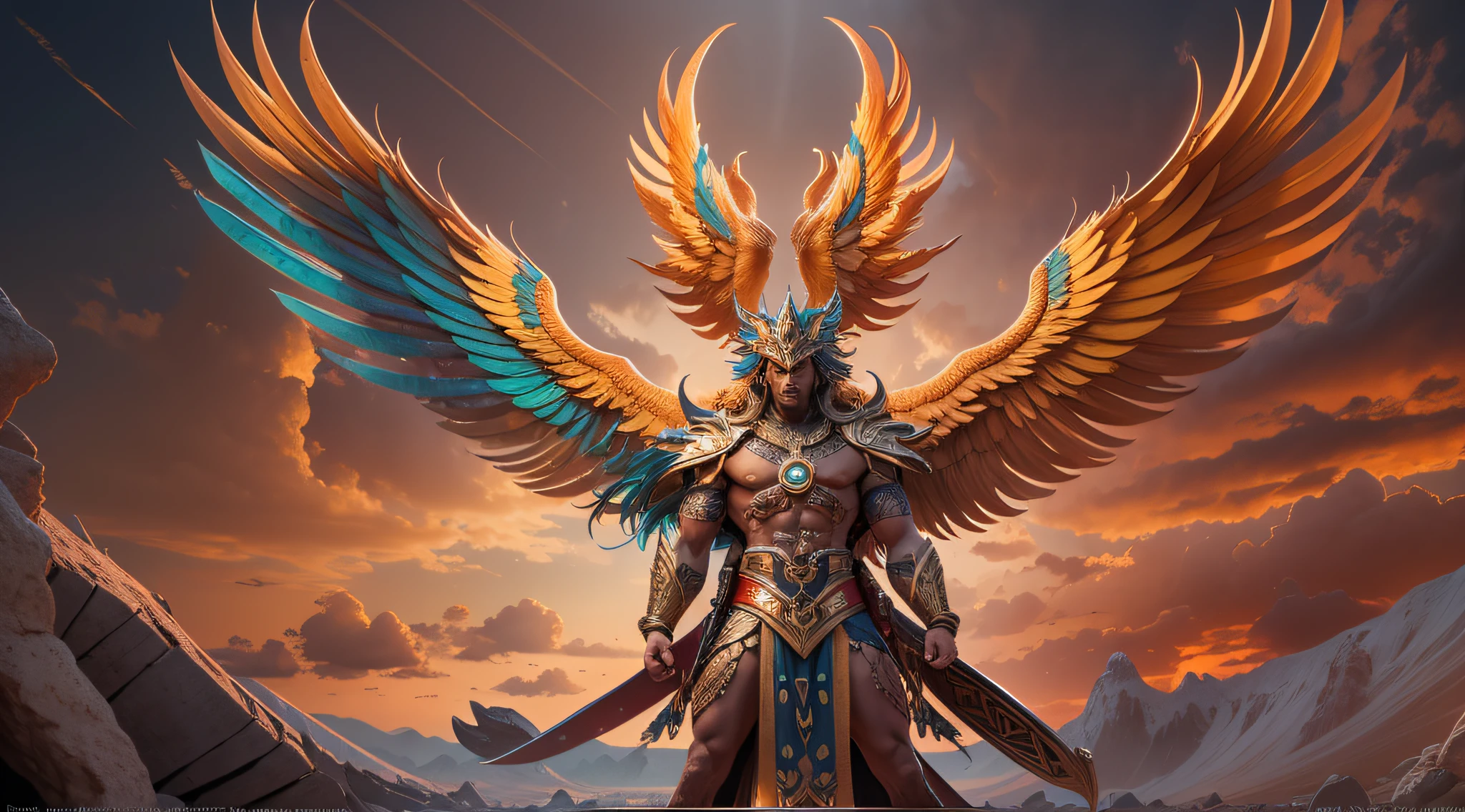 The image shows a realistic 3D sculpture of the Phoenix Warrior, um ser divino com asas. The sculpture is made with vibrant colors and minute details, highlighting its majestic and powerful appearance. Their posture and facial expression demonstrate determination and courage. Image quality is exceptional, with 8K resolution and stunning textures and reliefs. The Phoenix Warrior is the Supreme Hero, with his presence and aura dominating the scene. The image combines mythological and futuristic elements, criando uma imagem fascinante e intrigante.