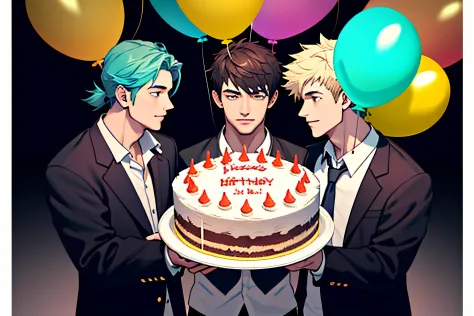 Three boys，a lot of balloons，The birthday cake，Support each other