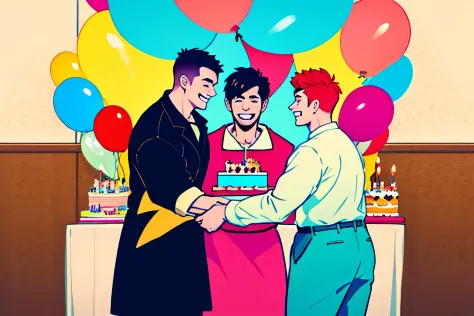 Three boys，a lot of balloons，The birthday cake，Support each other