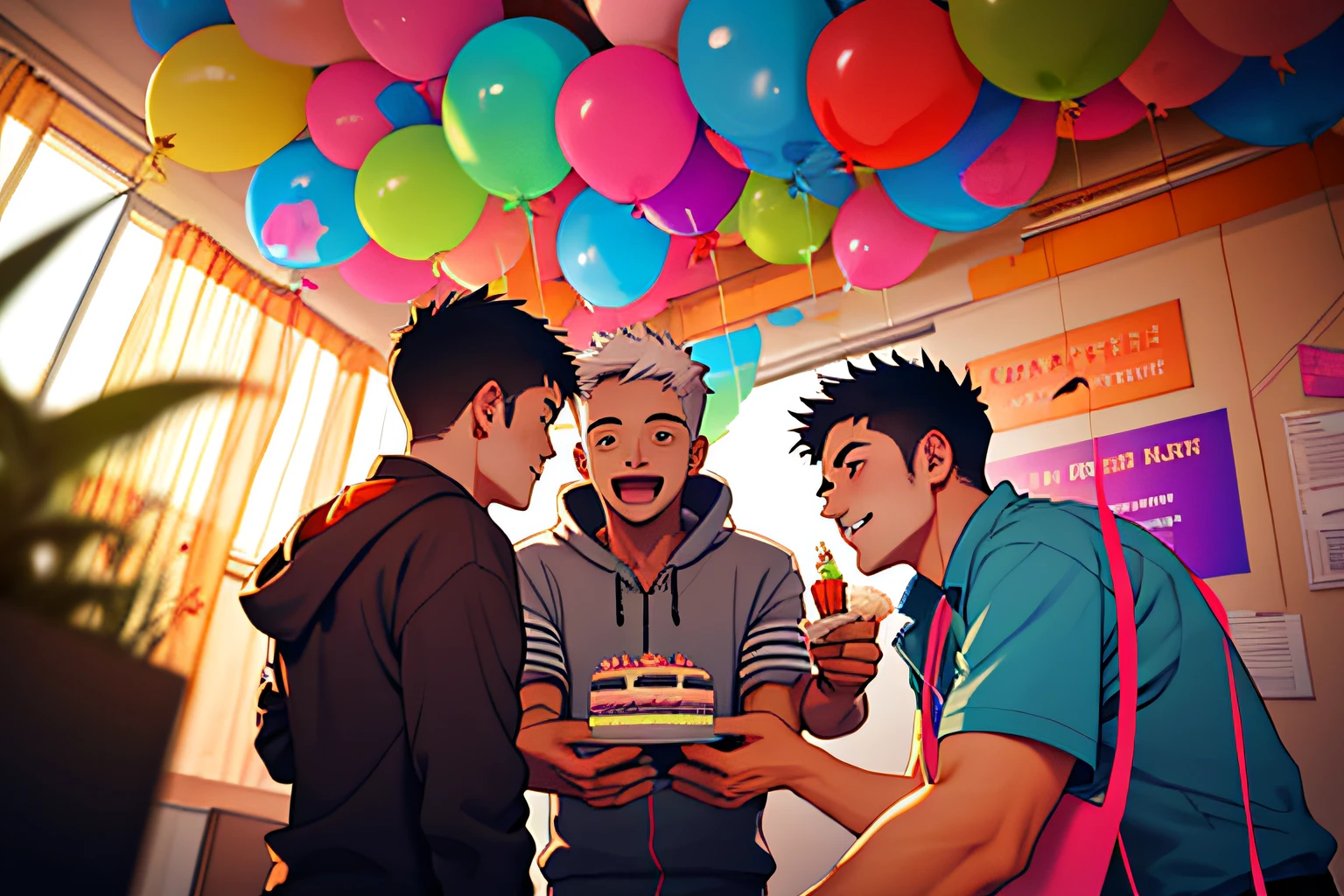 Three boys，a lot of balloons，The birthday cake，Support each other