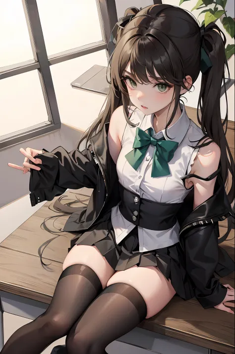 an anime girl sitting on top of a desk, 1girl, solo,  long hair, black skirt, shirt, thighhighs, sleeveless shirt, sitting, slee...