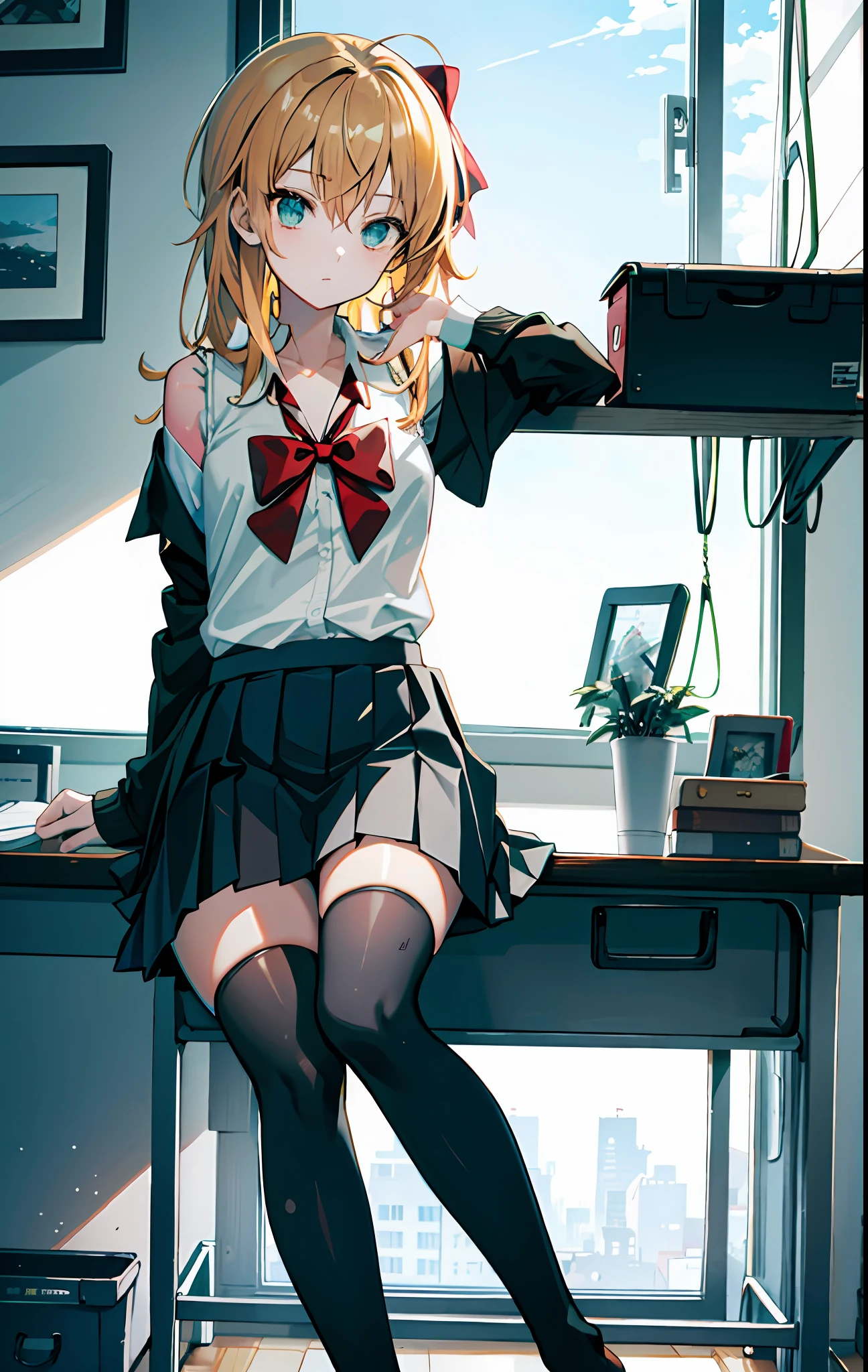 an anime girl sitting on top of a desk, 1girl, solo,  long hair, black skirt, shirt, thighhighs, sleeveless shirt, sitting, sleeveless, pleated skirt, looking at viewer, indoors, off shoulder, collared shirt, open clothes,  ,  black thighhighs,  green eyes,  desk, bowtie, shy, bow,1girl, Cecilia,more_details:-1, more_details:0, more_details:0.5, more_details:1, more_details:1.5