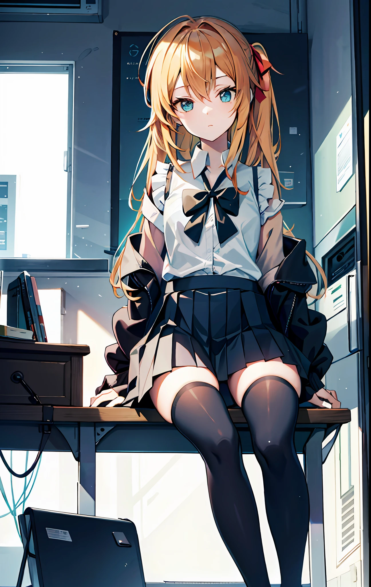 an anime girl sitting on top of a desk, 1girl, solo,  long hair, black skirt, shirt, thighhighs, sleeveless shirt, sitting, sleeveless, pleated skirt, looking at viewer, indoors, off shoulder, collared shirt, open clothes,  ,  black thighhighs,  green eyes,  desk, bowtie, shy, bow,1girl, Cecilia,more_details:-1, more_details:0, more_details:0.5, more_details:1, more_details:1.5