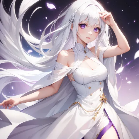 a women, white hair, purple eyes, white dress