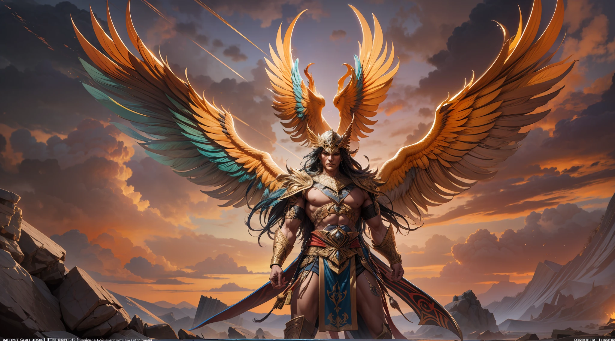 The image shows a realistic 3D sculpture of the Phoenix Warrior, um ser divino com asas. The sculpture is made with vibrant colors and minute details, highlighting its majestic and powerful appearance. Their posture and facial expression demonstrate determination and courage. Image quality is exceptional, with 8K resolution and stunning textures and reliefs. The Phoenix Warrior is the Supreme Hero, with his presence and aura dominating the scene. The image combines mythological and futuristic elements, criando uma imagem fascinante e intrigante.