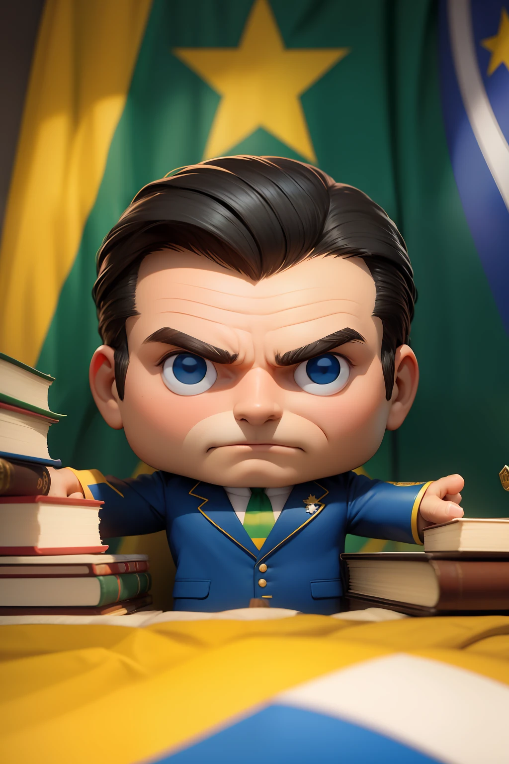 Ex-Presidente Bolsonaro em formato de boneco estilo Funko, Uma miniatura realista, capture the charismatic personality and distinctive traits of the president. O boneco possui detalhes precisos nas roupas, face expression, cabelos castanhos com mexas brancas laterais, exibindo sua postura confiante. Funko, face sem pelos, sem barba, sem bigode, Ambiente em uma estante iluminada, surrounded by books and symbols of Brazil, representing his political leadership. The scene emits a patriotic and respectful feeling. The atmosphere is one of wonder and pride. The lighting is soft, destacando as cores da bandeira brasileira, criando uma aura inspiradora ao redor do presidente. --ar 2:3 --c 15 --s 655 --q 2,