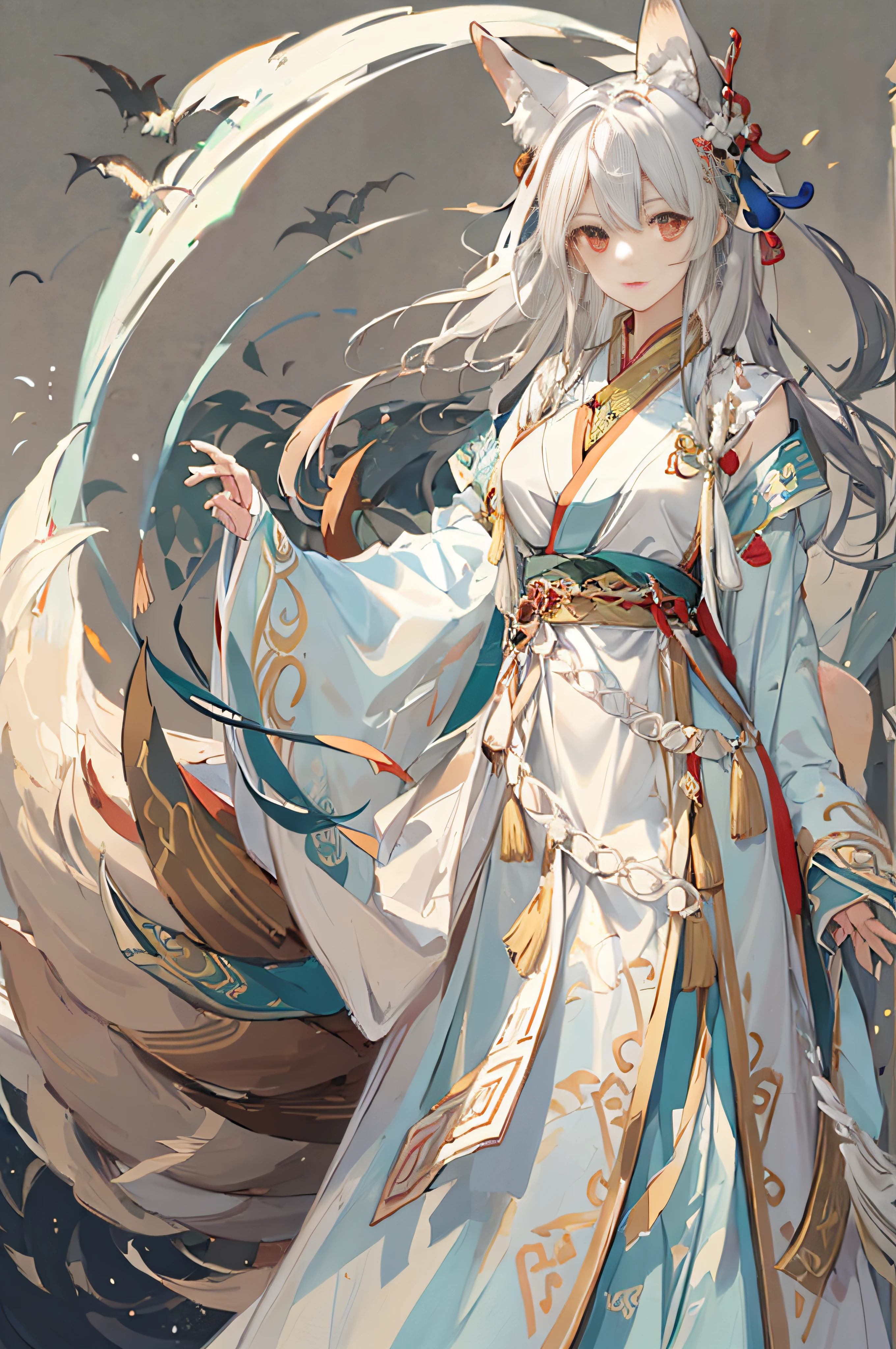 fox ear,White color hair，Dragon's tail，tmasterpiece，Need，extremely detaile，detailed back ground，Detailed face，anime big breast，illustratio，1girll，，Disheveled hair：1.3,Hanfu,Tang Feng，blurryforeground，Long flowing shirt,bound waist,Shawl,