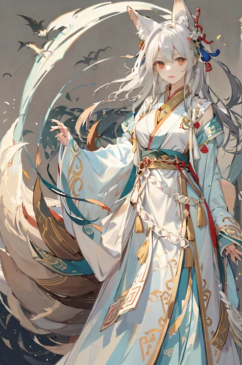 fox ear,white color hair，dragon's tail，tmasterpiece，need，extremely detaile，detailed back ground，detailed face，anime big breast，i...