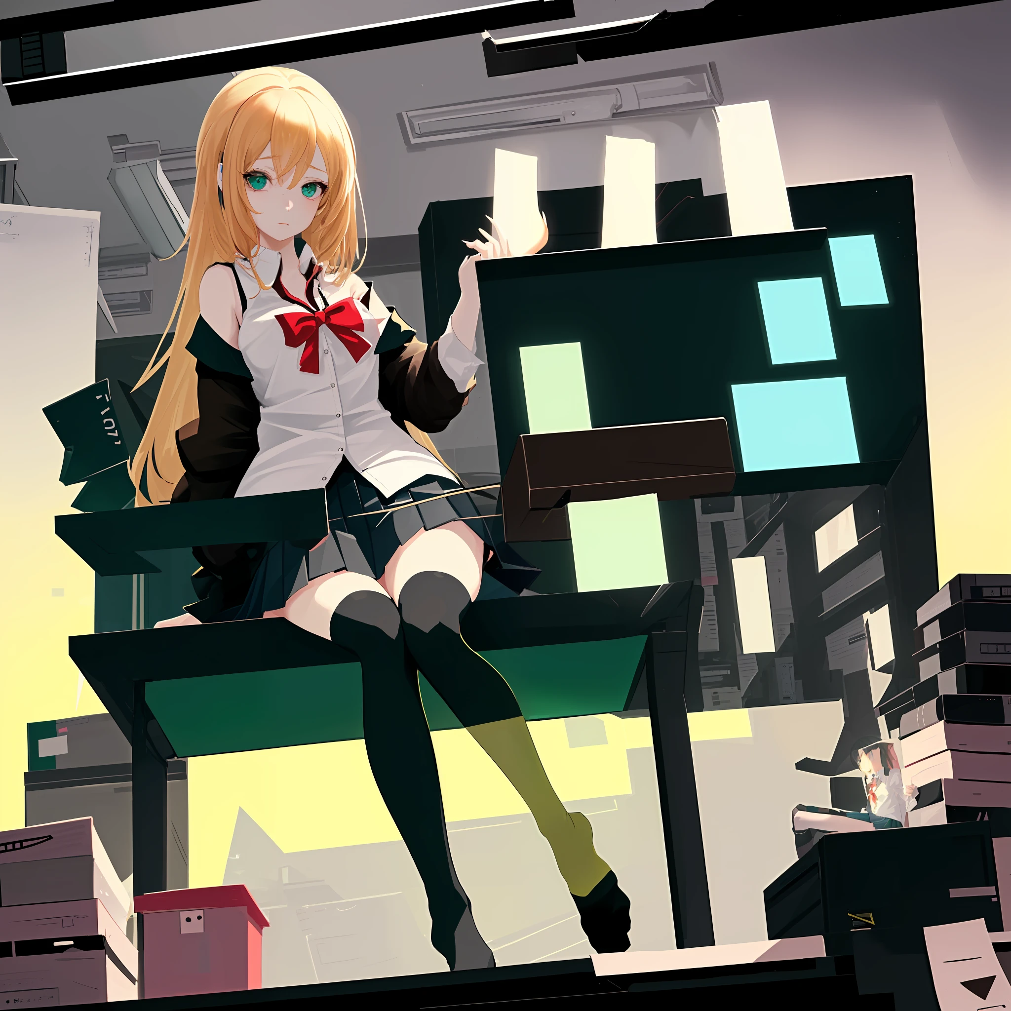 an anime girl sitting on top of a desk, 1girl, solo, long hair, black skirt, shirt, thighhighs, sleeveless shirt, sitting, sleeveless, pleated skirt, looking at viewer, indoors, off shoulder, collared shirt, open clothes, , black thighhighs, green eyes, desk, bowtie, shy, bow,1girl, Cecilia,more_details:-1, more_details:0, more_details:0.5, more_details:1, more_details:1.5