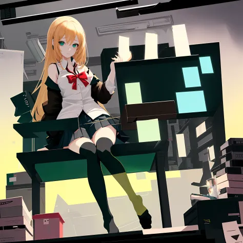 an anime girl sitting on top of a desk, 1girl, solo, long hair, black skirt, shirt, thighhighs, sleeveless shirt, sitting, sleev...