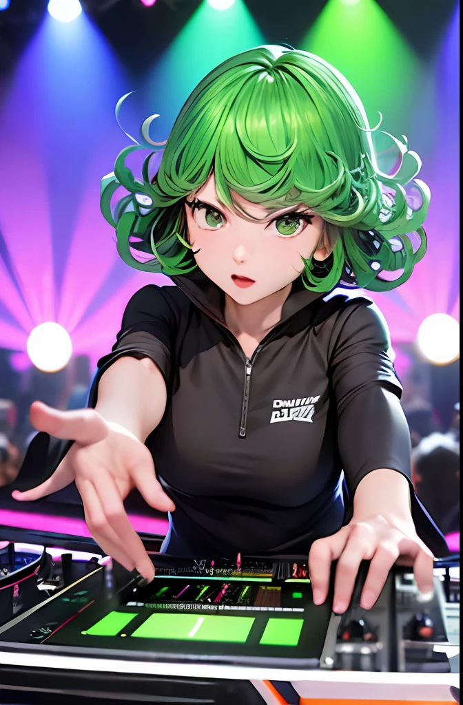 "A solo shot featuring  tatsumaki a DJ, showcasing her skills on the turntables at a vibrant rave."