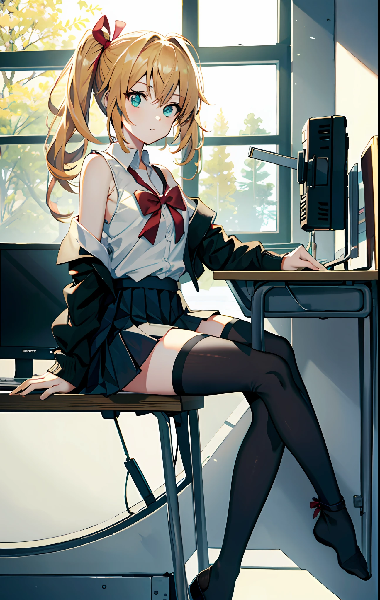 an anime girl sitting on top of a desk, 1girl, solo,  long hair, black skirt, shirt, thighhighs, sleeveless shirt, sitting, sleeveless, pleated skirt, looking at viewer, indoors, off shoulder, collared shirt, open clothes,  ,  black thighhighs,  green eyes,  desk, bowtie, shy, bow,1girl, Cecilia,more_details:-1, more_details:0, more_details:0.5, more_details:1, more_details:1.5