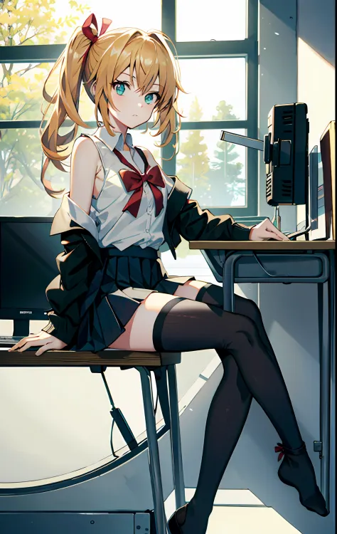an anime girl sitting on top of a desk, 1girl, solo,  long hair, black skirt, shirt, thighhighs, sleeveless shirt, sitting, slee...
