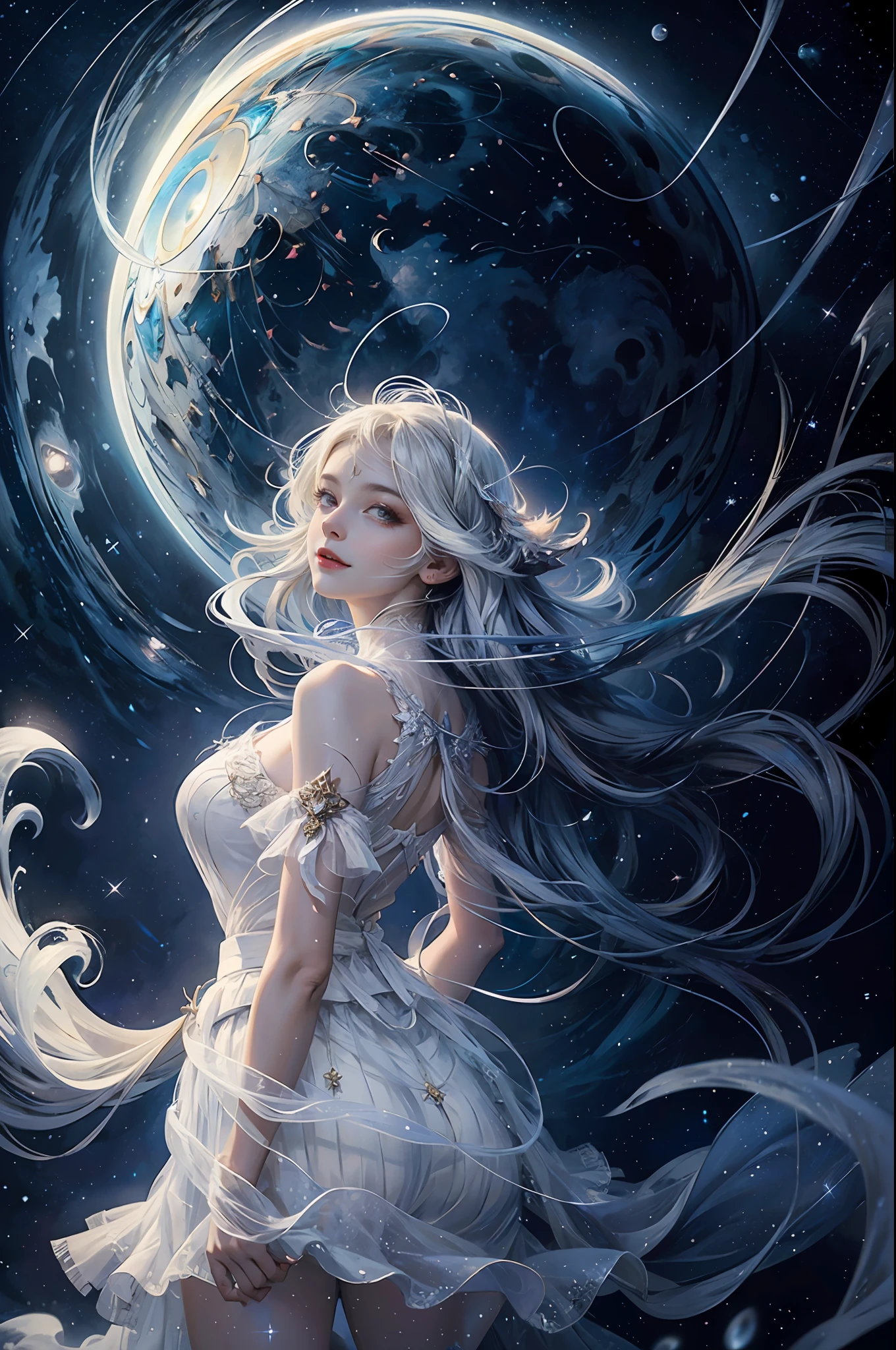 (goddes，In the sky，Huge illusion),((moon)), starry sky, (lighting particle), fog, snow,(bloom), (starry tornado:1.4), starry Nebula, beautiful detailed sky, sunlight, extremely light, extremely clothes, Holy Light, dynamic angle, Light particle, very long hair, white hair, yellow eyes, glowing eyes, expressionless, ((light smile)), ((((white Tulle skirt)))), white silk, looking at viewer, angel wings, large wings, multiple wings, angel halo, (((starry sky))), dusk sky, Floating light spot, Lots of feathers, stars in the eyes, messy floating hair, colored inner hair, Starry sky adorns hair, (lots of big colorful Bubble), (pearl), (Galaxy), depth of field