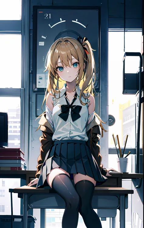 an anime girl sitting on top of a desk, 1girl, solo,  long hair, black skirt, shirt, thighhighs, sleeveless shirt, sitting, slee...