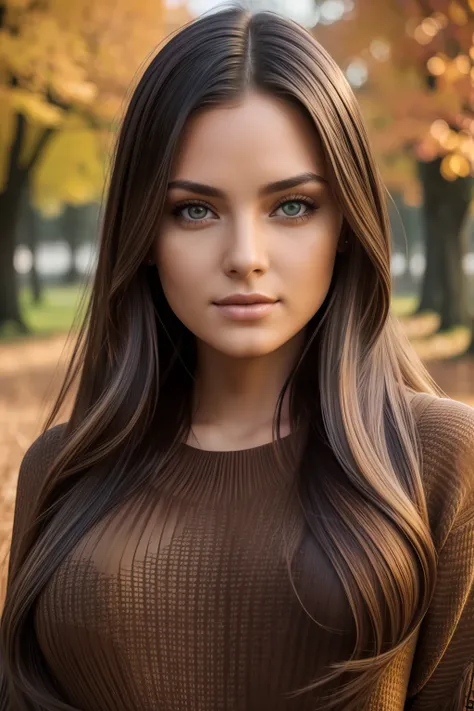 photography of a stunning girl, wearing a autumn jumper, long hair on ...