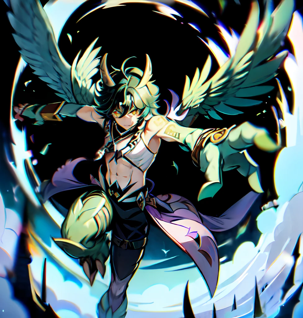 yellow eyes, green hair, short hair, tattoo, forehead tattoo, necklace, 1boy, solo focus, male focus, black within green hair, xiao \(genshin impact\) as a Digimon, digimon \(creature\), ((Bird like)),((Large claw like Arms)) ,(( Demon like)),((green, white, Black and Purple color scheme)), ((high quality )) ,((Masterpiece))