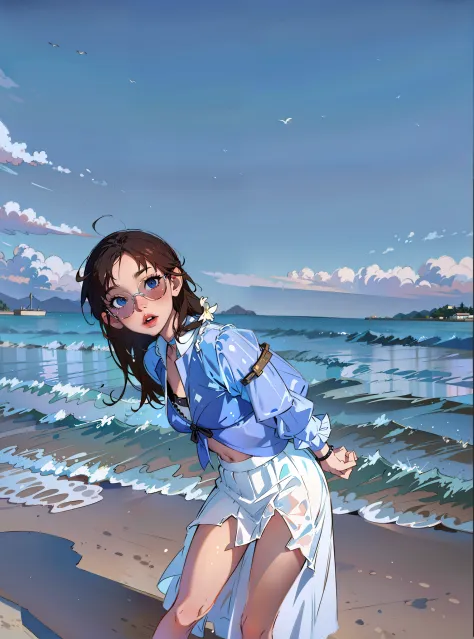 Woman in white transparent skirt and blue transparent blue swimsuit on the beach, with sunglass, posing on a beach with the ocean, in the beach, Have by the sea, sunny day at beach, taken with sony alpha 9, xintong chen, taken with canon eos 5 d, taken wit...