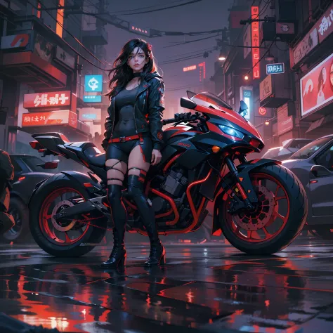 (Cyberpunk theme), (best quality), (front view), (hyper detailed), trending on artstation, (cinematic scene), flying cars in the sky, dark red leggings, motos voadores, Girl on a motorcycle in the city on a rainy day, camisa preta estampada, glowing light,...