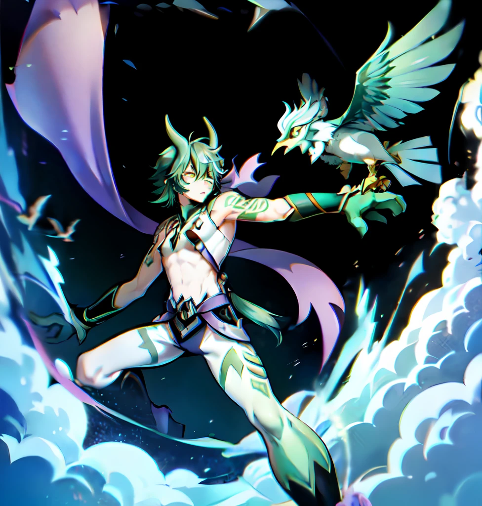 yellow eyes, green hair, short hair, tattoo, forehead tattoo, necklace, 1boy, solo focus, male focus, black within green hair, xiao \(genshin impact\) as a Digimon, digimon \(creature\), ((White and green skin)),((Bird like)) ,(( Demon like)),((green, white, Black and Purple color scheme)), ((high quality )) ,((Masterpiece))