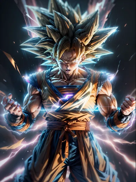 (half-body photo)，Super Saiyan Super，(Transparent Goku:1.2)，(Clear plastic body:1.2)，( High-gloss plastic body：1.2),(cyber punk perssonage)，(dreamy glow)，（globalillumination)，Ray traching， (High-density imaging)，The rendering is not realistic，Rational desi...