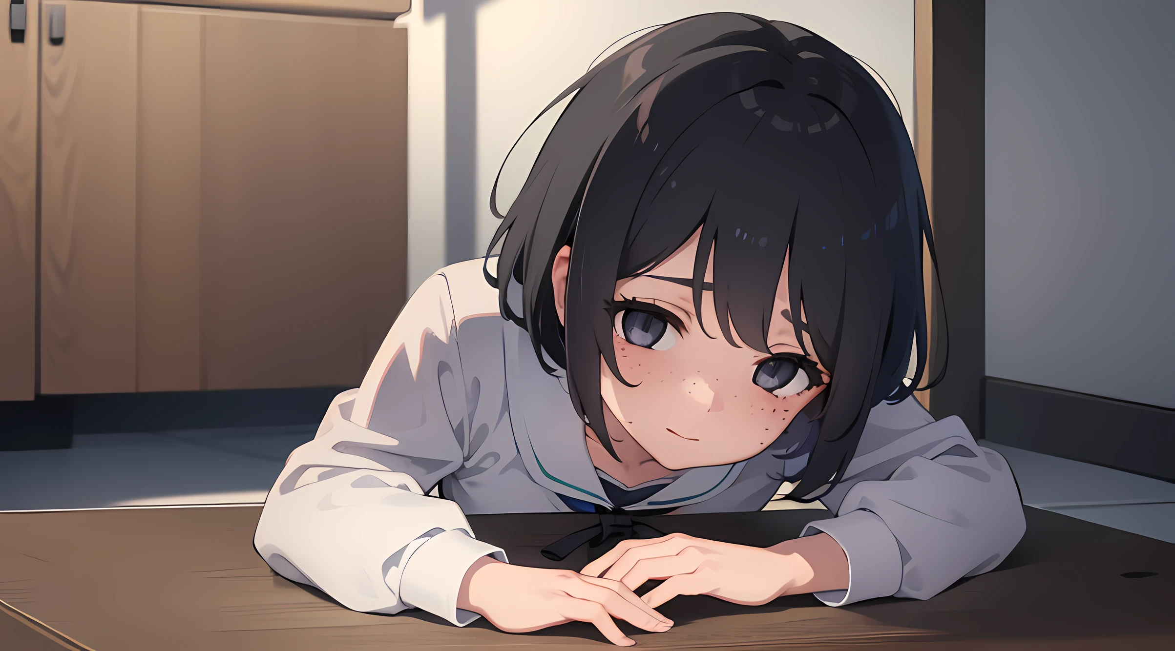 (high quality, high detail, realistic, high quality shadows) loli, gray eyes, black short hair, freckles, school uniform, in class, peeing self, have to pee, peeings