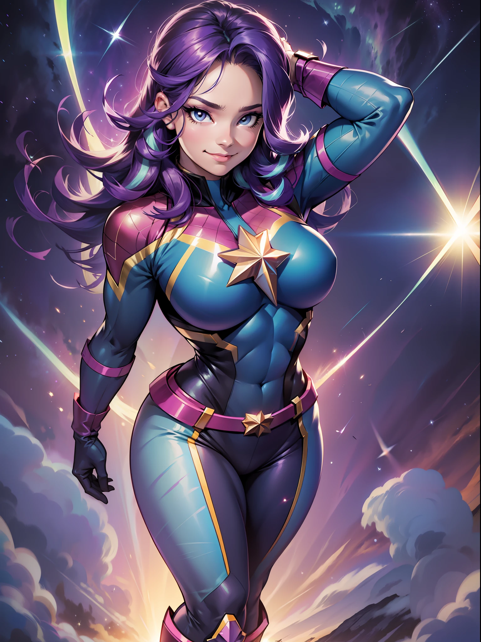 brilho da luz das estrelas, Seios enormes, seios exuberantes, seios elásticos, cabelo longo, Penteado luxuoso, No traje do Capitão Marvel, terno azul roxo, Botas elegantes, no céu, Super heroi, Um monte de magia azul, Trilha Azul, força muscular, em plena altura, sorridente, Magia, Feixe de voo, melhor qualidade, Muito detalhado, Qualidade 8K, em plena altura