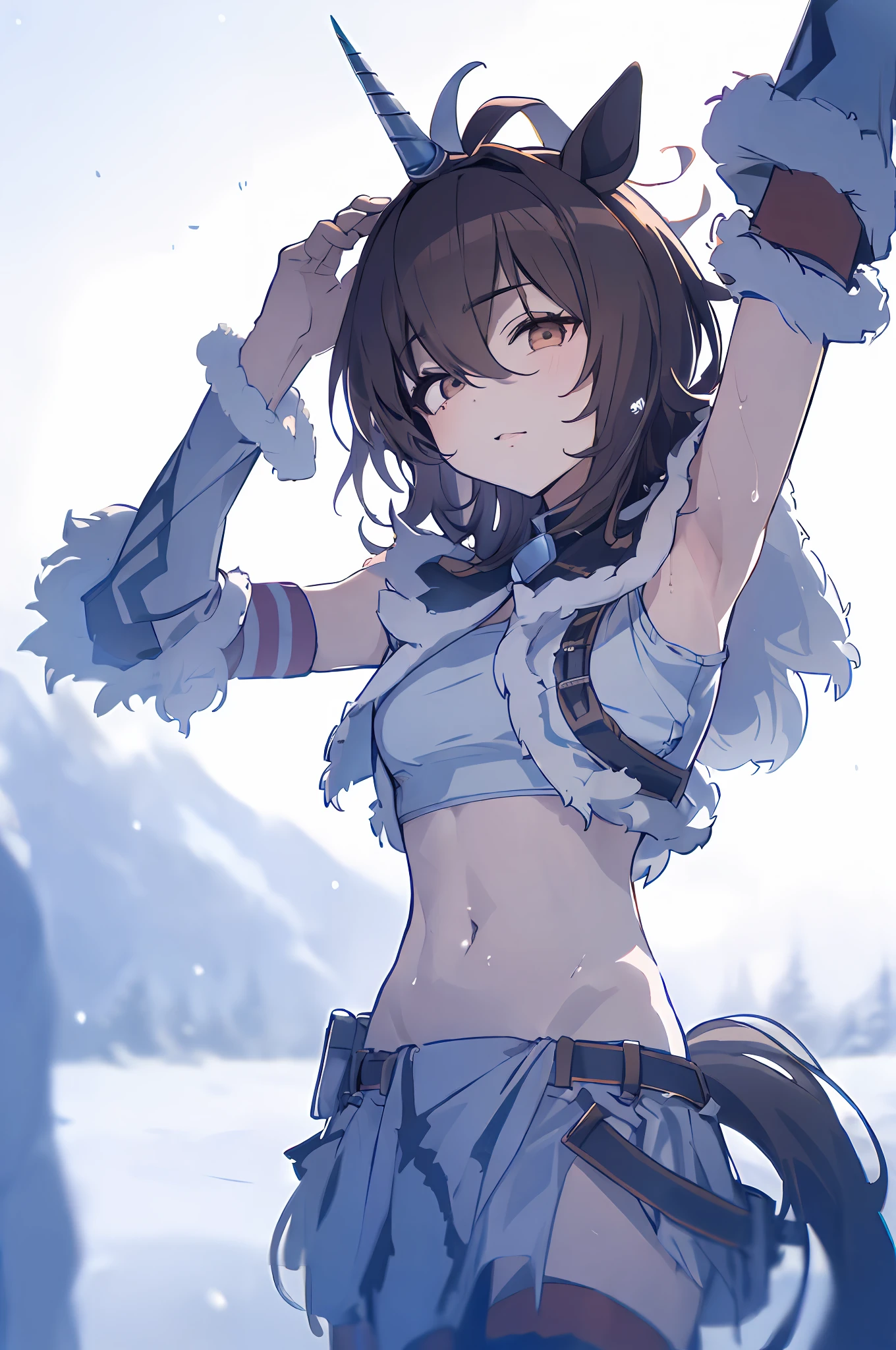 Very cute girl,(Umamusume,horse tail:1.1),snow mountains,1girl,Solo,brown hair,((kirin armor, bare thigh,navel,bare armpit,kirin hair)),dynamic pose,BREAK (masterpiece, best quality,hyper detailed,correct anatomy,perfect anatomy, perfect hands,perfect fingers,shiny,chromatic aberration abuse,absurdres absolutely resolution,pastel color,unity 8k wallpaper,perfect lighting,beautiful face),