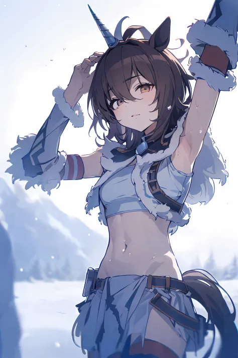 Very cute girl,(Umamusume,horse tail:1.1),snow mountains,1girl,Solo,brown hair,((kirin armor, bare thigh,navel,bare armpit,kirin...