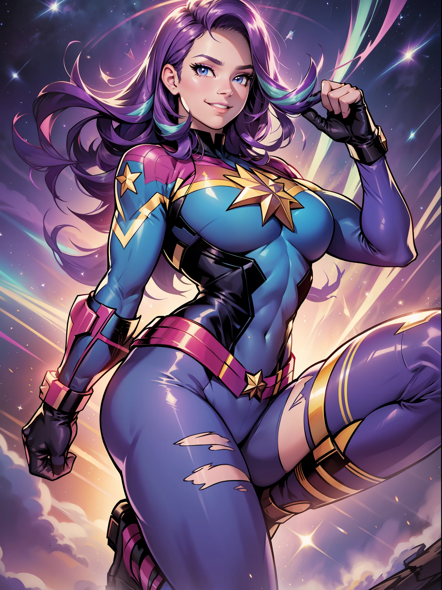 Starlight Glimmer, Huge-breasts, Lush breasts, Elastic breasts, hairlong, Luxurious hairstyle, In the costume of Captain Marvel, purple blue suit, Elegant boots, in the sky, superhero, A bunch of blue magic, Blue Trail, brawn, in full height, Smiling, Magic, Flight beam, beste-Qualit, Very detailed, 8K quality, in full height