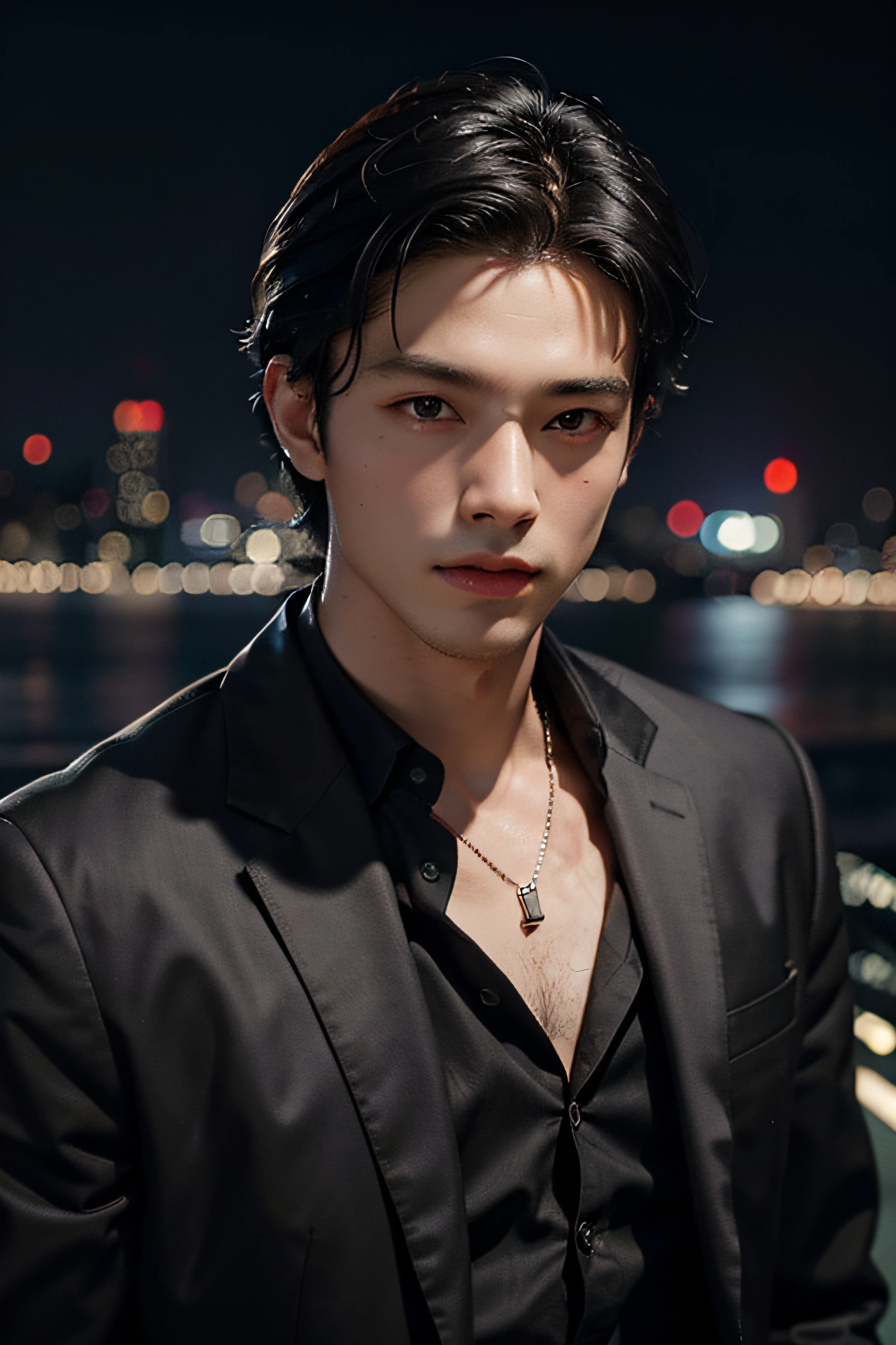 Best quality, masterpiece, ultra high res, (photorealistic:1.4), raw photo, young handsome male, black hair, (night city background:1.2)