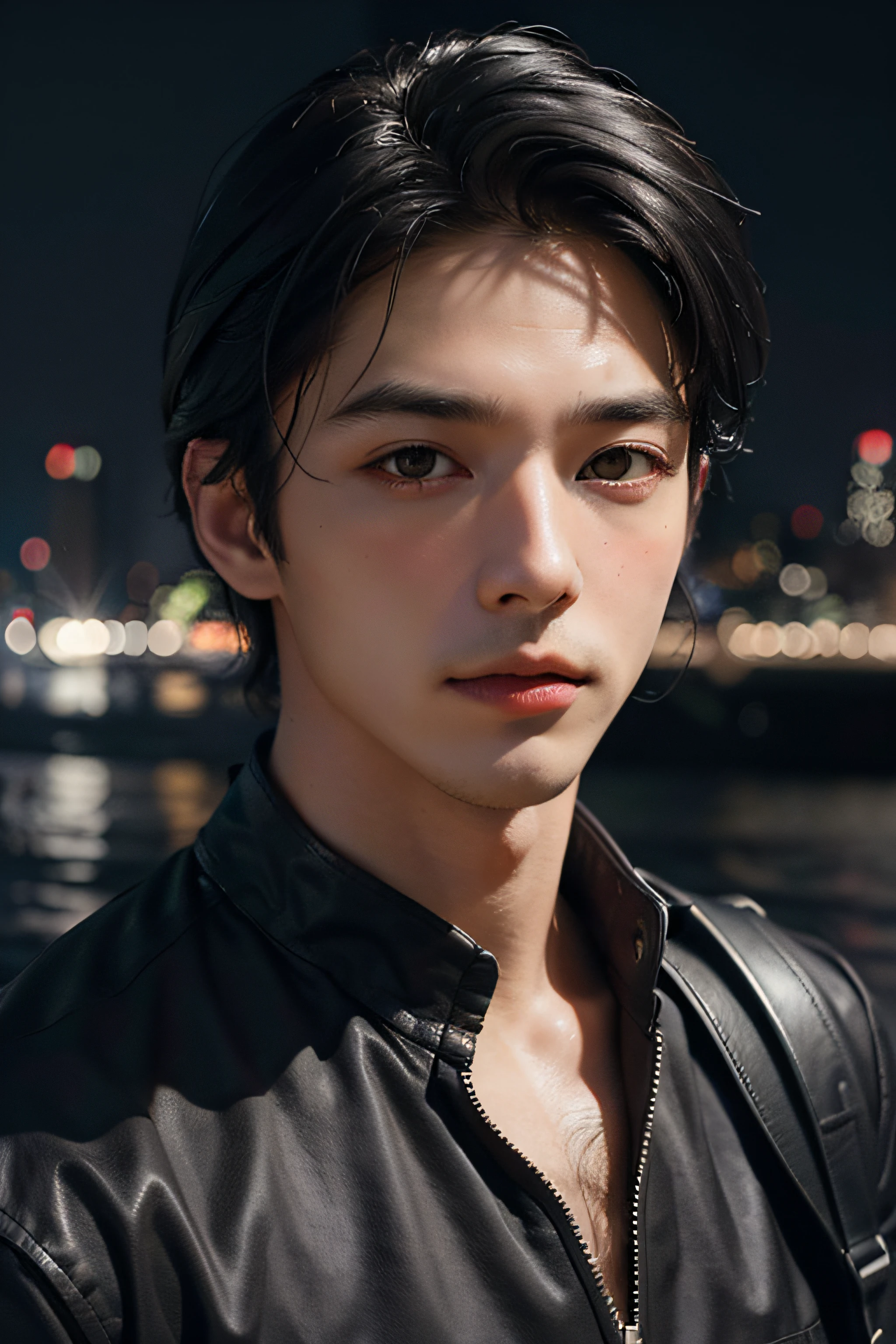 Best quality, masterpiece, ultra high res, (photorealistic:1.4), raw photo, young handsome male, black hair, (night city background:1.2)