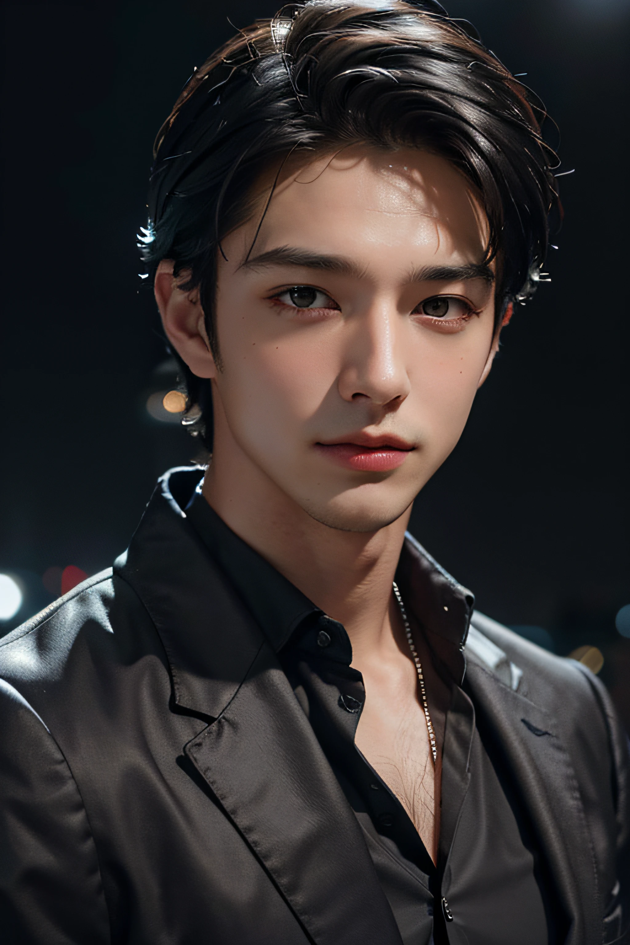 Best quality, masterpiece, ultra high res, (photorealistic:1.4), raw photo, young handsome male, black hair, (night city background:1.2)