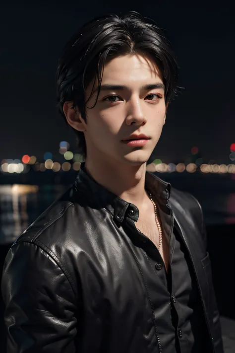 Best quality, masterpiece, ultra high res, (photorealistic:1.4), raw photo, young handsome male, black hair, (night city background:1.2)