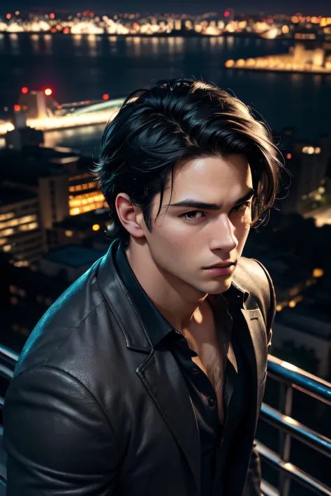 Best quality, masterpiece, ultra high res, (photorealistic:1.4), raw photo, young handsome male, black hair, (night city backgro...