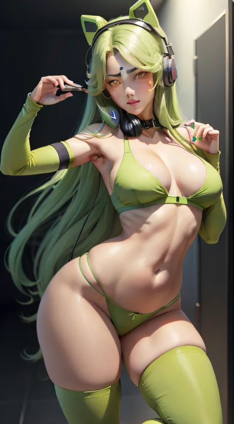 perfectly proportions，Beautiful woman，green color，Wear green headphones，Sexy figure，seminude
