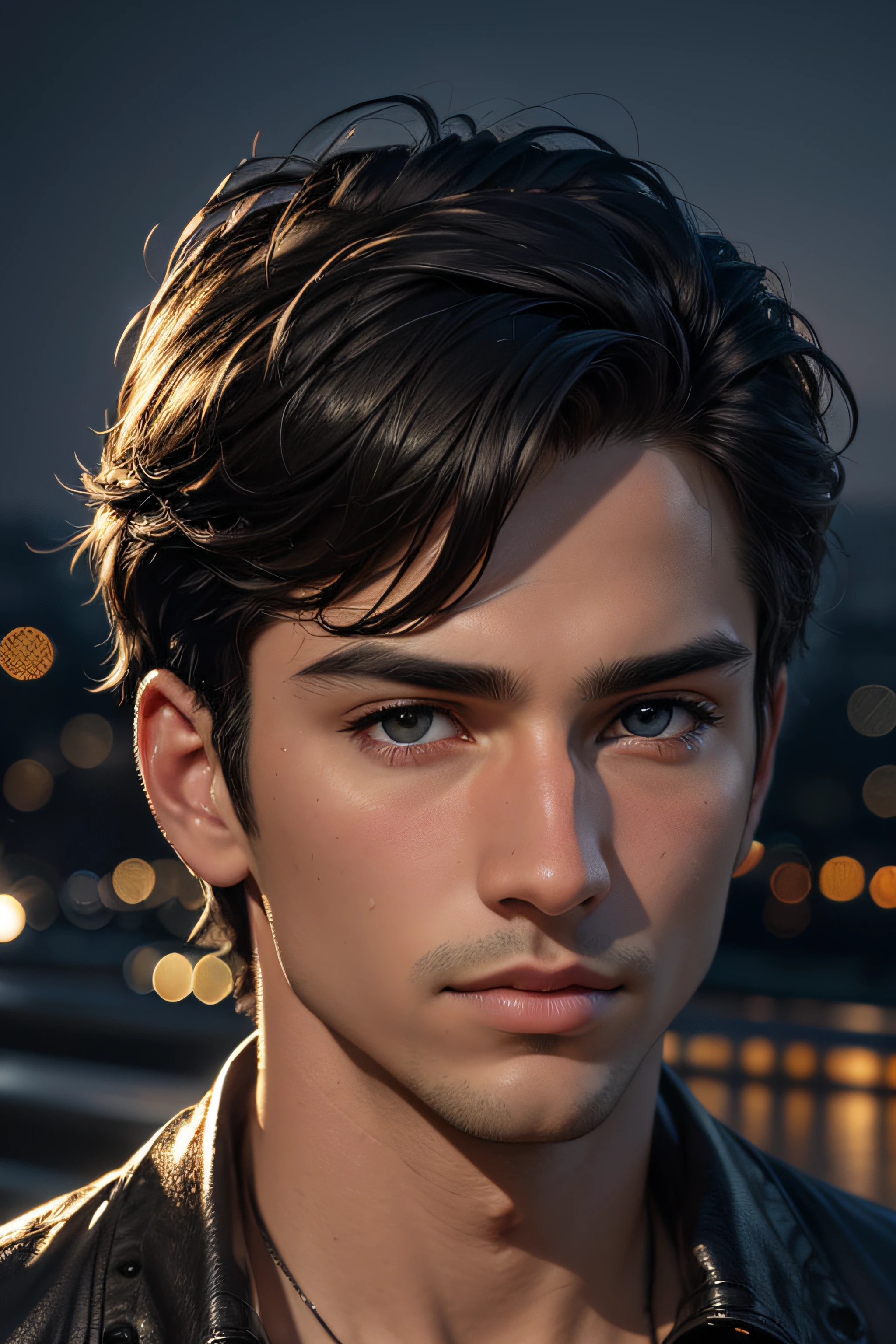 beste Qualität, Meisterwerk, ultrahohe Auflösung, (fotorealistisch:1.4), detailliertes Gesicht, detaillierte Augen, RAW-Foto, junger hübscher Mann, Schwarzes Haar, (nachtstadthintergrund:1.2)