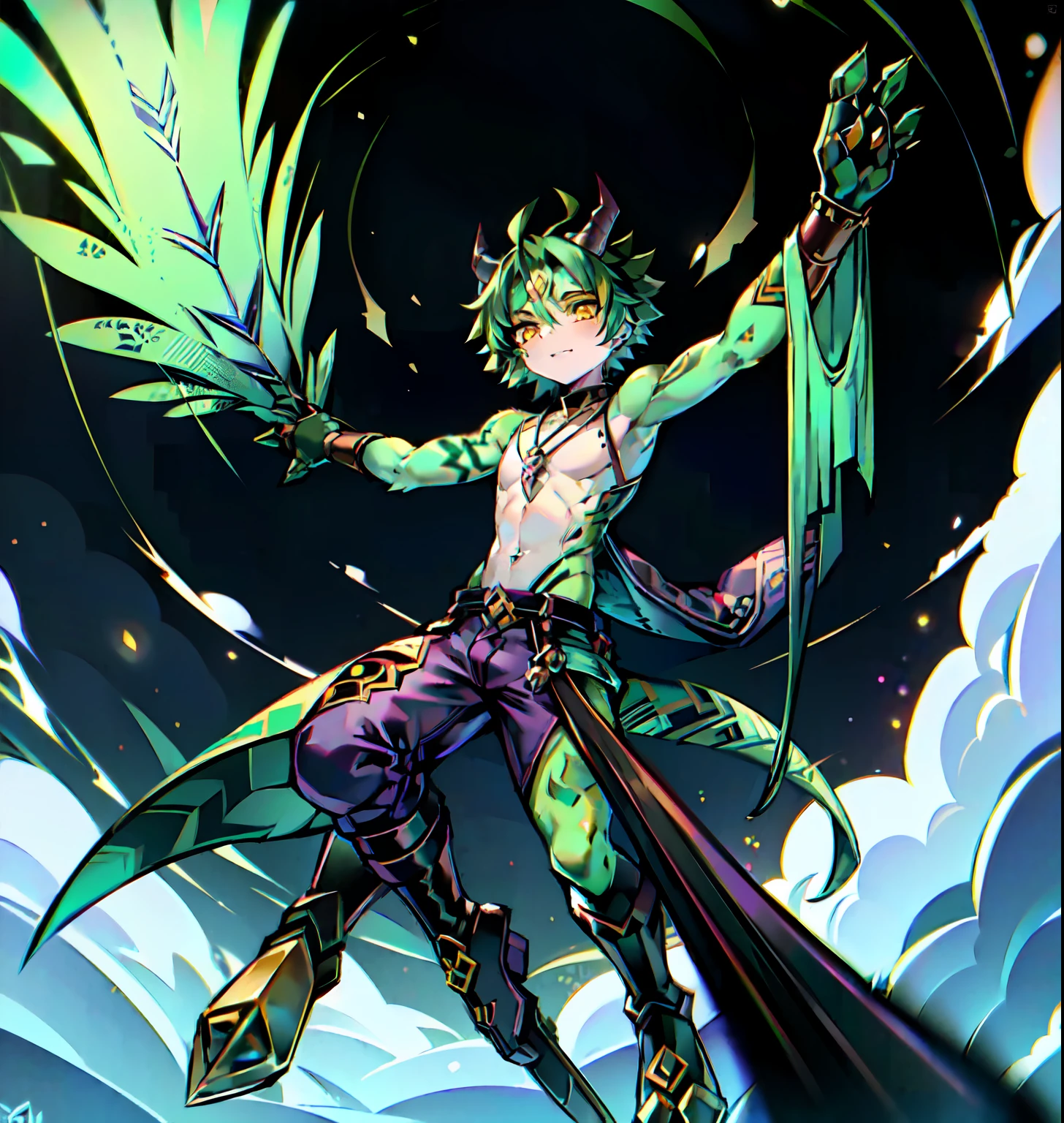 yellow eyes, green hair, short hair, tattoo, forehead tattoo, necklace, 1boy, solo focus, male focus, black within green hair, xiao \(genshin impact\) as a Digimon, digimon \(creature\),((Green and White skin)) ,((Bird like)) ,(( Demon like)),((green, white, Black and Purple color scheme)), ((high quality )) ,((Masterpiece)), ((Harpy))