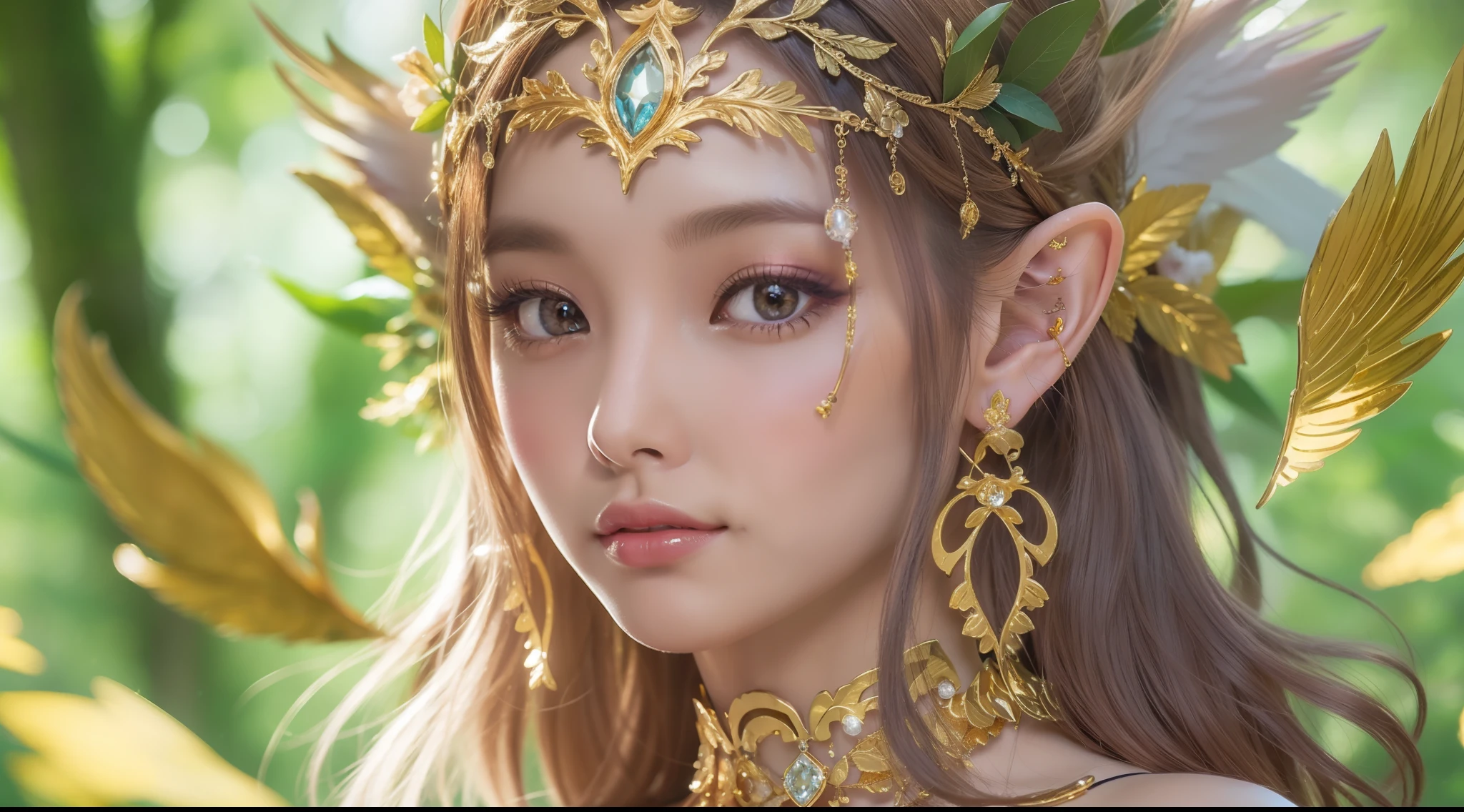 8k high quality wallpaper, Beautuful Women, cropped shoulders, elvish ears, Close-up of jewelry, Deep forest, The clothes are fitted with gold rims, Elegance, angel wing, Crystal flowers。