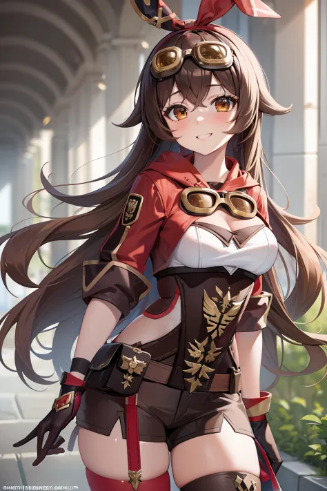 masterpiece, best quality, amber \(genshin impact\),smile,doll, 1girl,goggles on head, long hair,gloves,shorts,brown hair,red thighhighs, cleavage, red ribbon, long sleeves, shrug \(clothing\), jacket,pouch,grey background,
