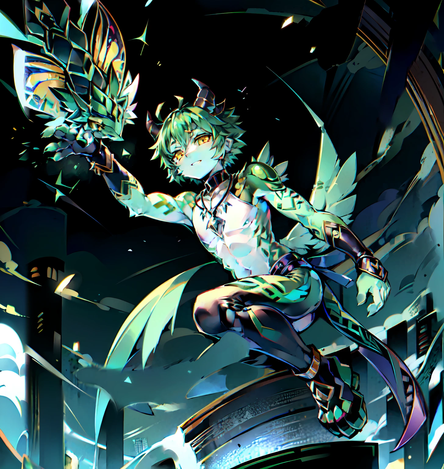 yellow eyes, green hair, short hair, tattoo, forehead tattoo, necklace, 1boy, solo focus, male focus, black within green hair, xiao \(genshin impact\) as a Digimon, digimon \(creature\),((Green and White skin)) ,((Bird like)) ,(( Demon like)),((green, white, Black and Purple color scheme)), ((high quality )) ,((Masterpiece)), ((Harpy))