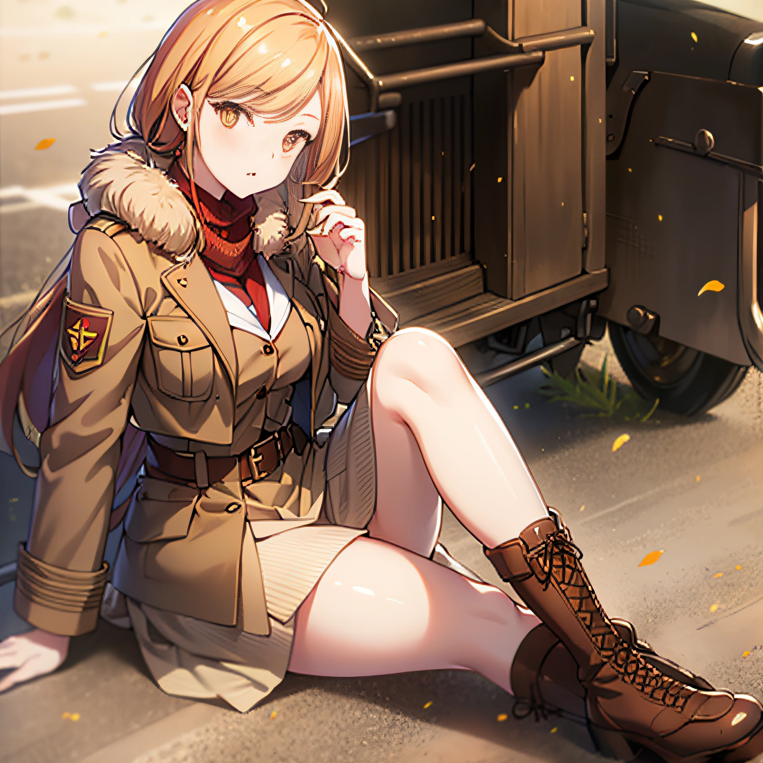 orange eyes light,richly faded light long orange hair, anime 1girl, brown military boots,khaki jacket with fur-trimmed, (good leg:1.1), (best hand:1.2), on military car truck,